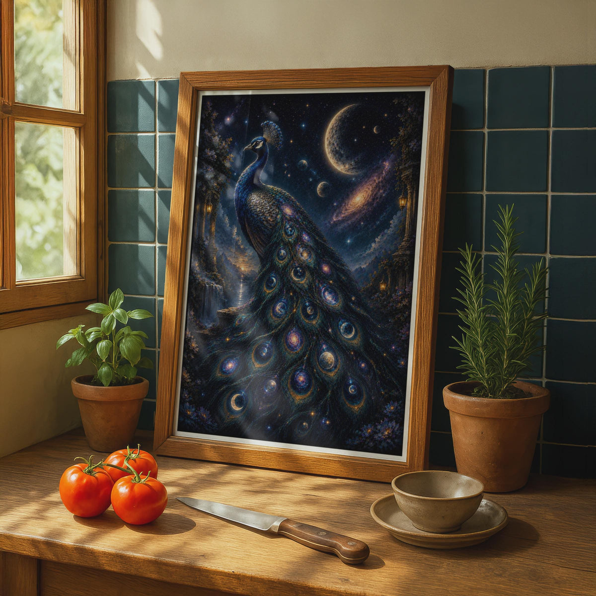 Celestial Peacock Poster, Galaxy Night Sky Bird Wall Art, Mystical Moon Stars Print