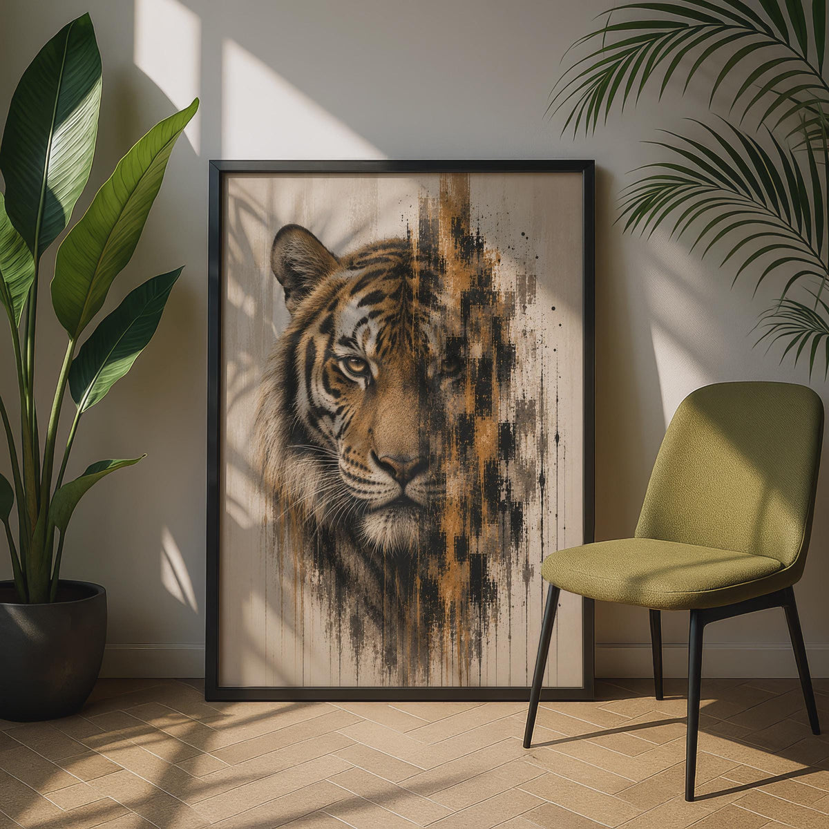 Tiger Face Poster, Abstract Wildlife Wall Art, Burnt Orange Black Decaying Effect Print