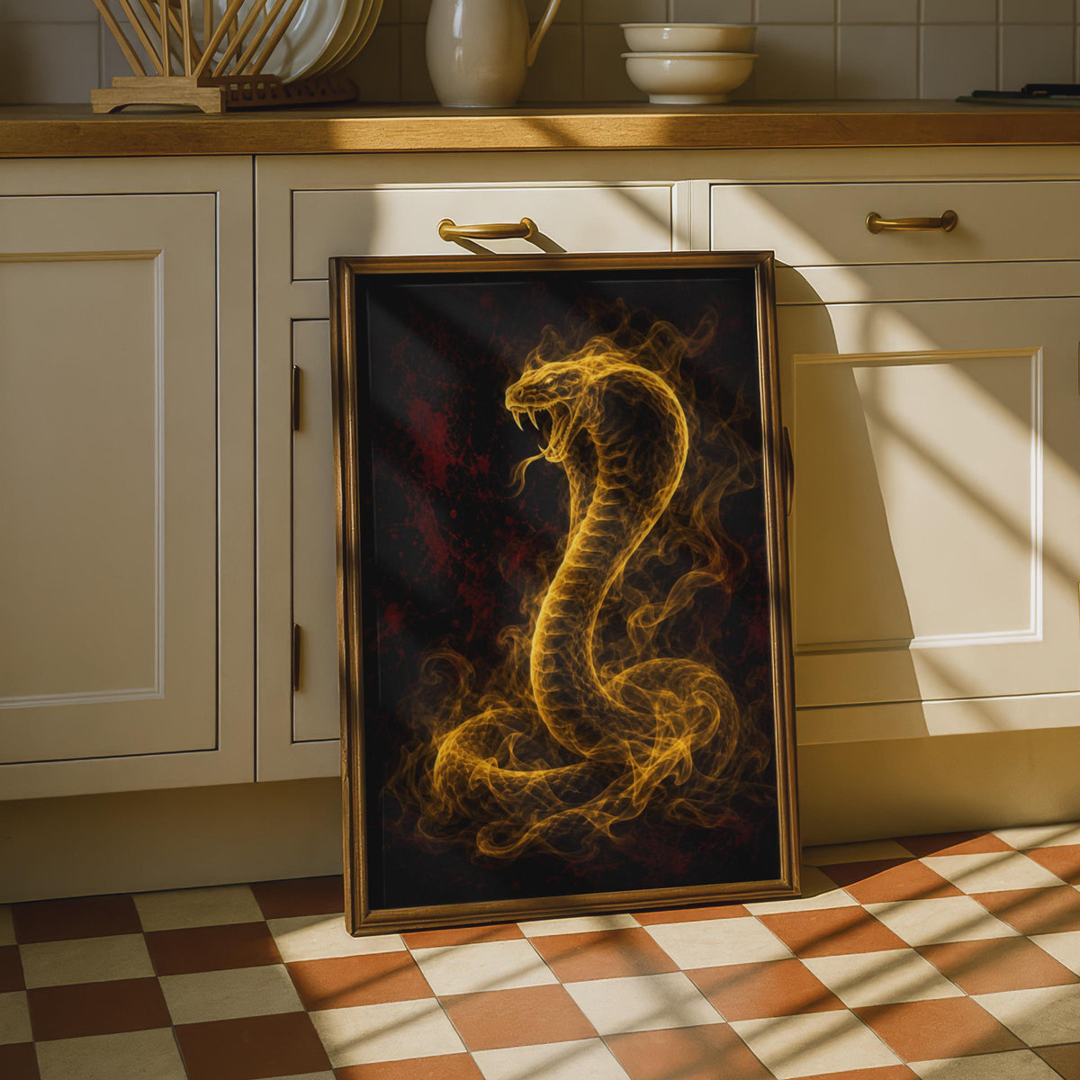 Golden Cobra Fire Snake Poster, Dark Fantasy Serpent Wall Art
