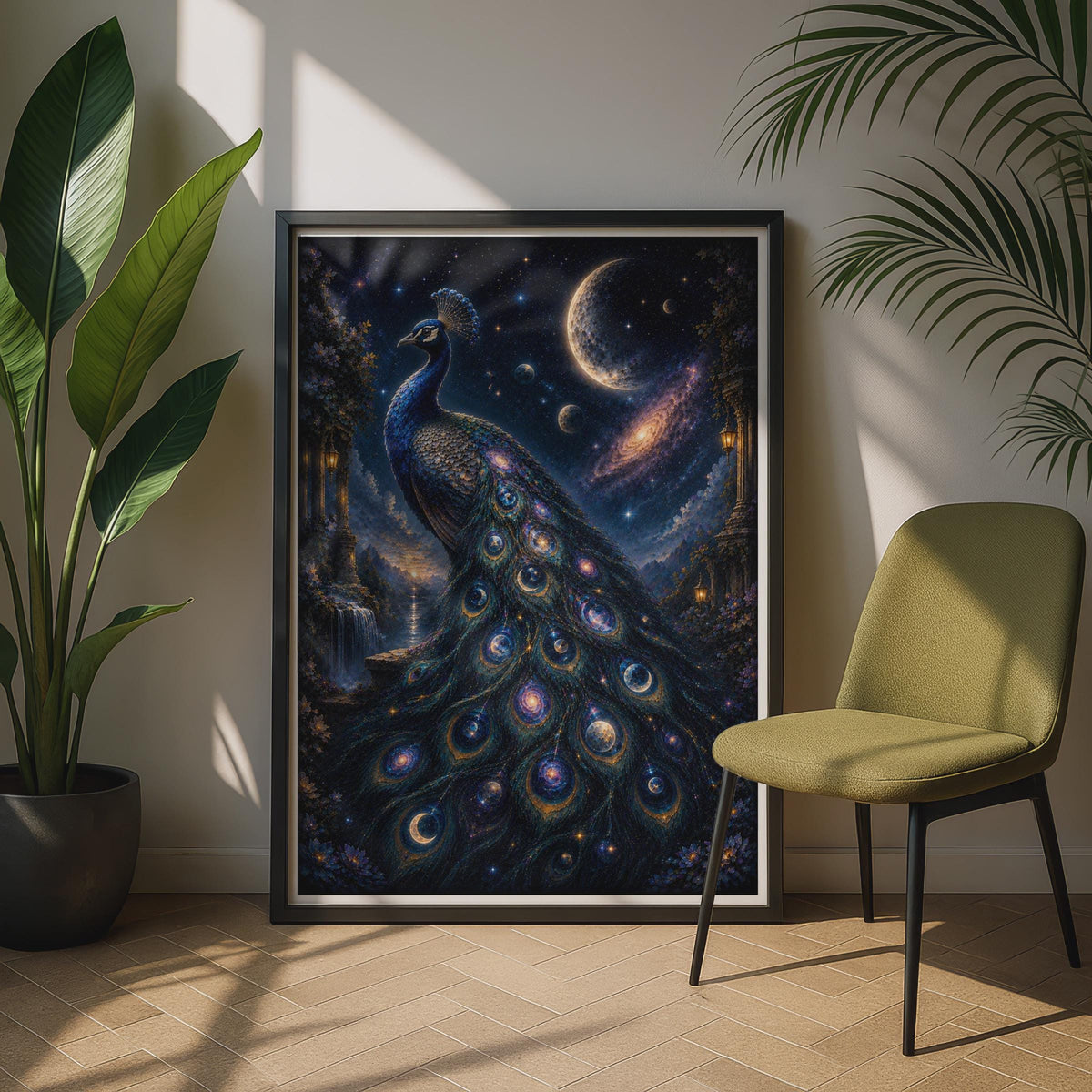 Celestial Peacock Poster, Galaxy Night Sky Bird Wall Art, Mystical Moon Stars Print