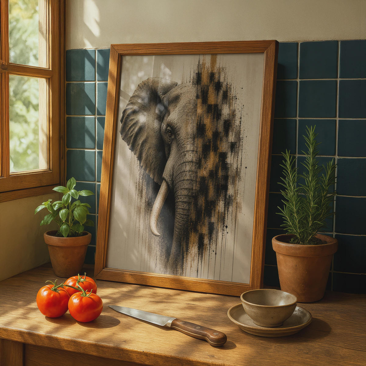 Elephant Art Poster, Abstract Wildlife Print, Grey Gold Glitch, Modern Animal Wall Art