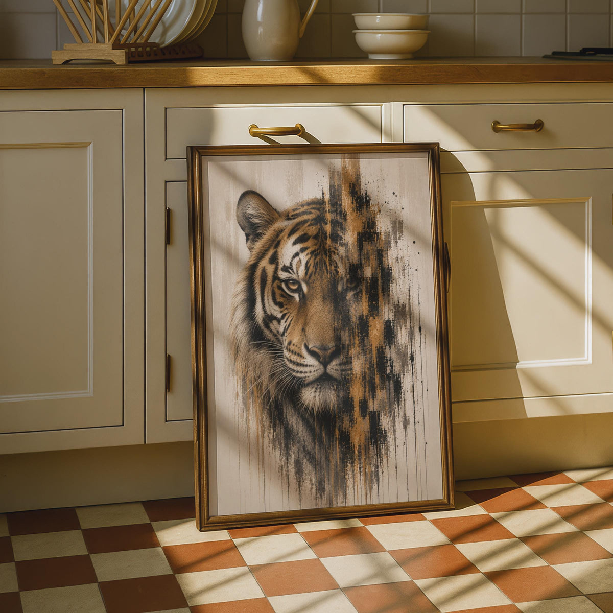 Tiger Face Poster, Abstract Wildlife Wall Art, Burnt Orange Black Decaying Effect Print