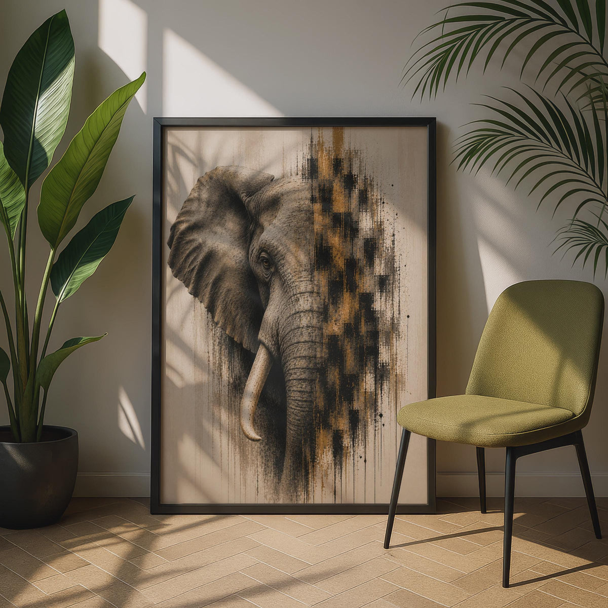 Elephant Art Poster, Abstract Wildlife Print, Grey Gold Glitch, Modern Animal Wall Art