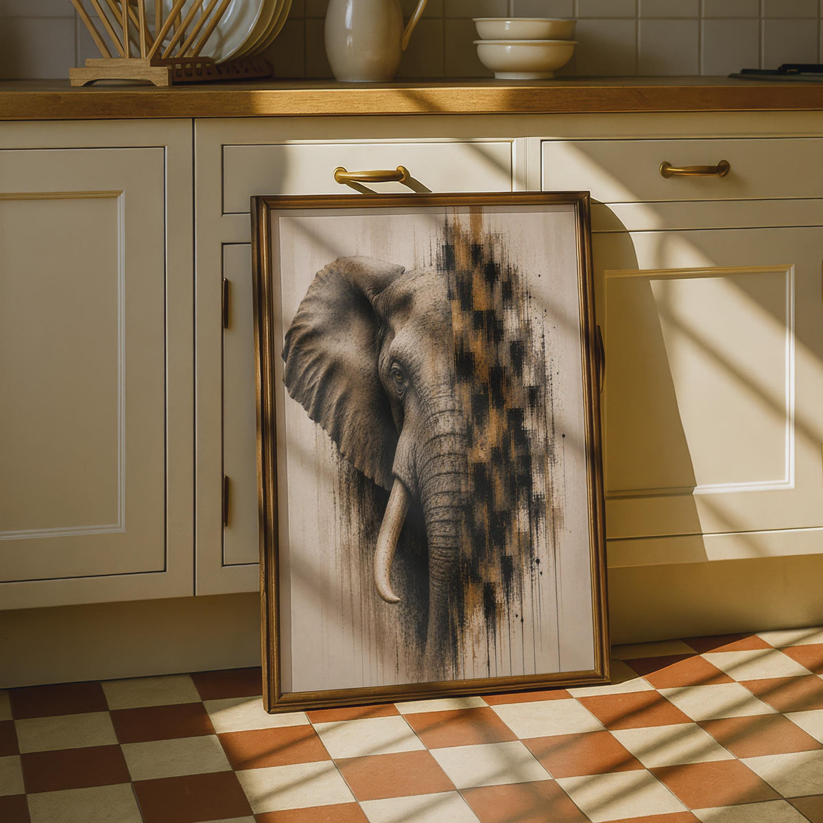 Elephant Art Poster, Abstract Wildlife Print, Grey Gold Glitch, Modern Animal Wall Art