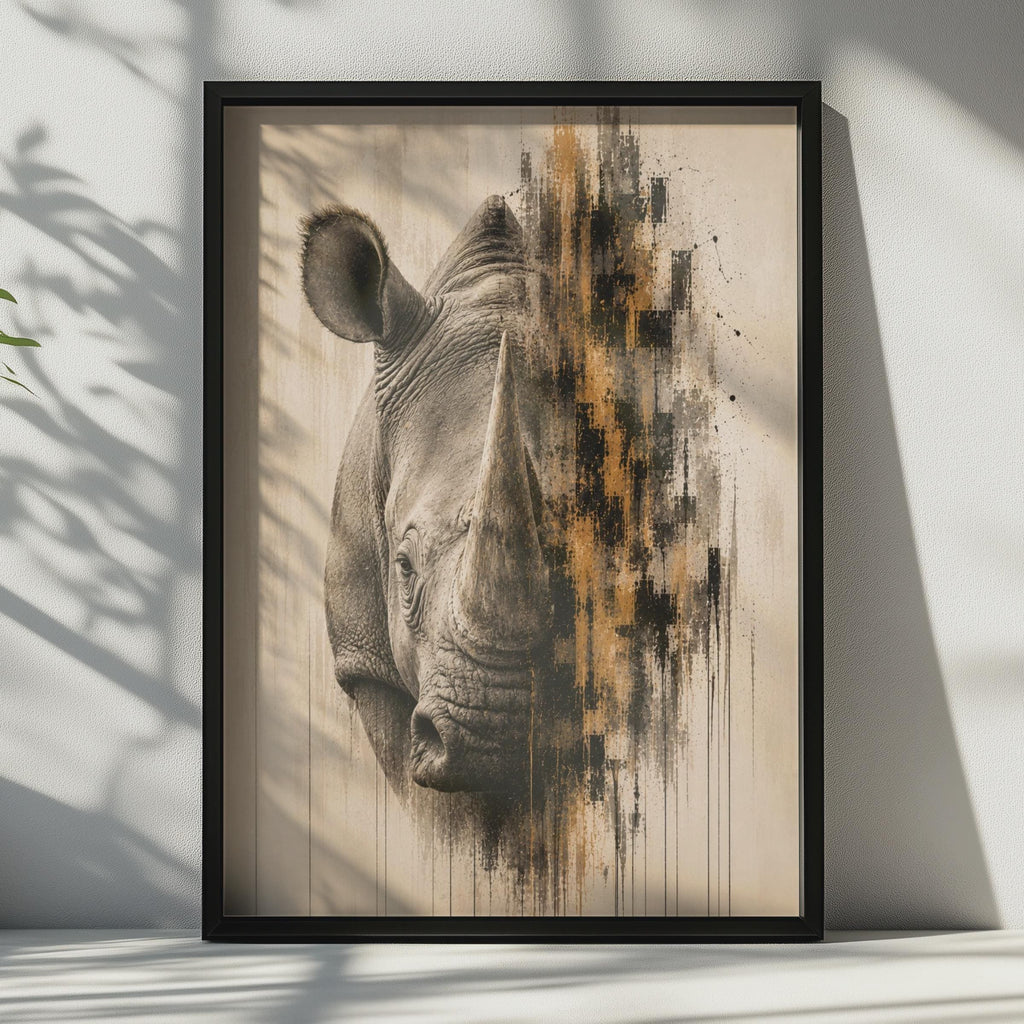 Rhino Portrait Poster, Abstract Wildlife Wall Art, Safari Animal Print, Beige Gold Black Decor