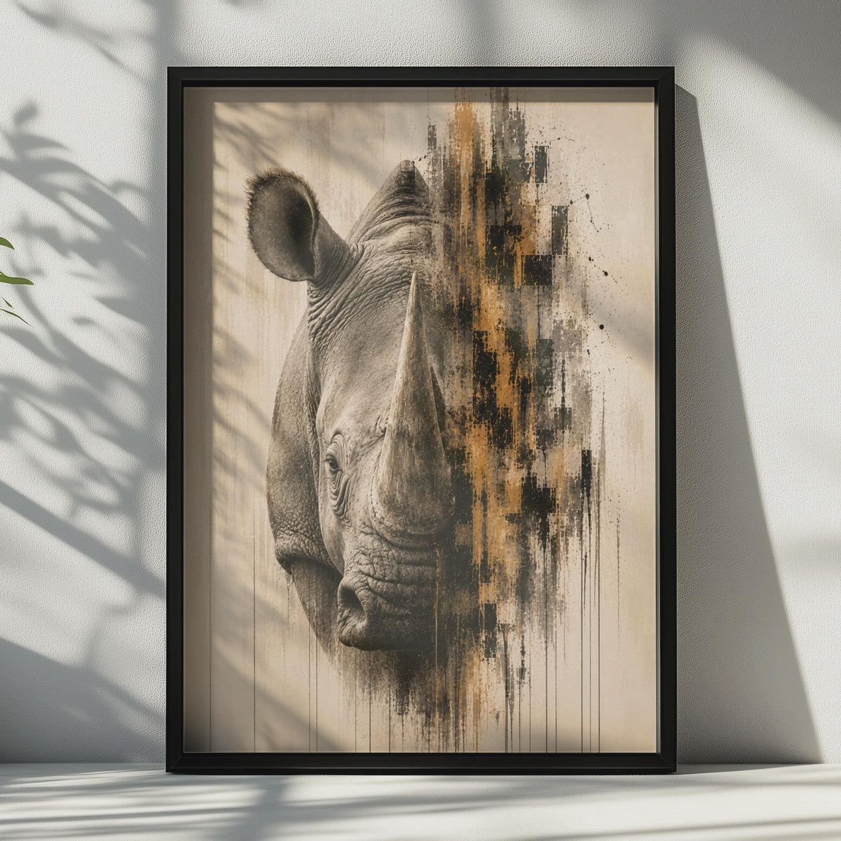 Rhino Portrait Poster, Abstract Wildlife Wall Art, Safari Animal Print, Beige Gold Black Decor