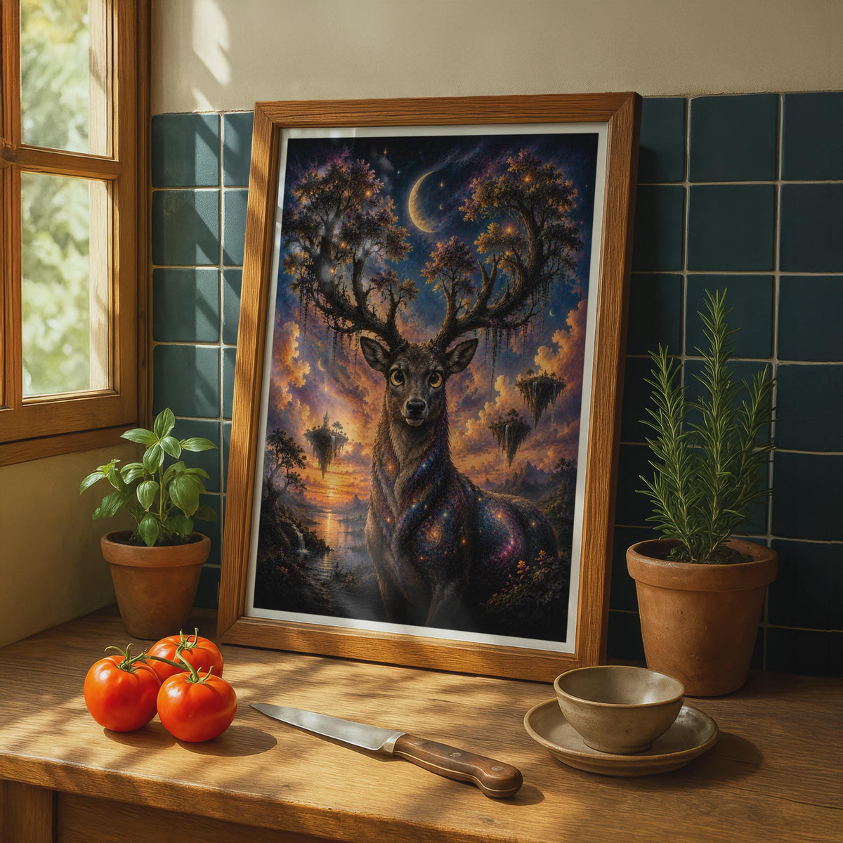 Mystical Stag Poster, Fantasy Deer Night Sky Wall Art, Celestial Moon Wildlife Print