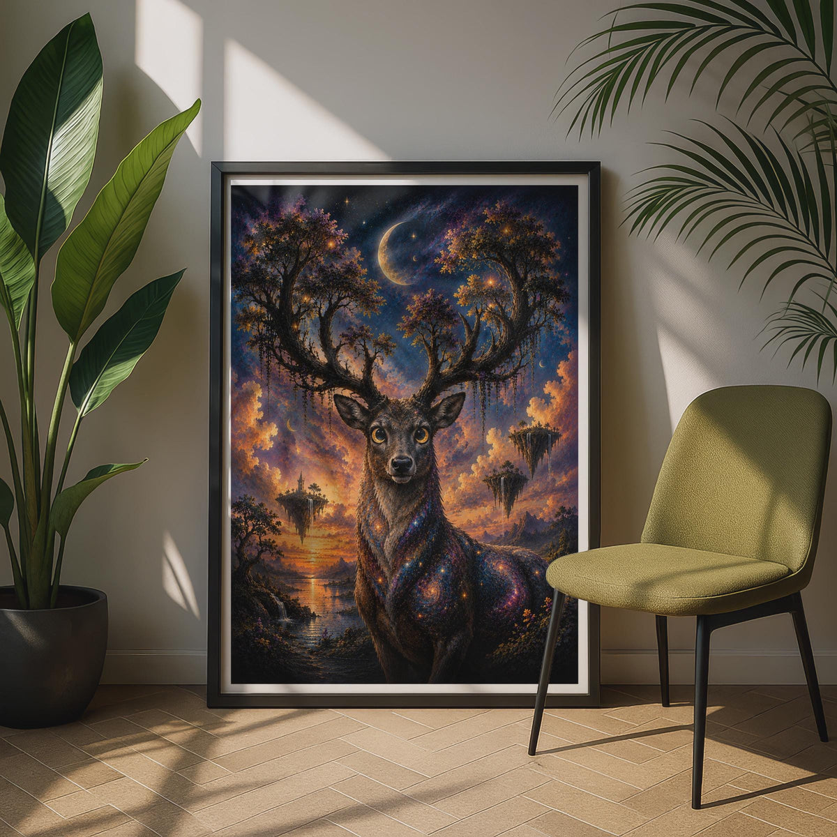 Mystical Stag Poster, Fantasy Deer Night Sky Wall Art, Celestial Moon Wildlife Print
