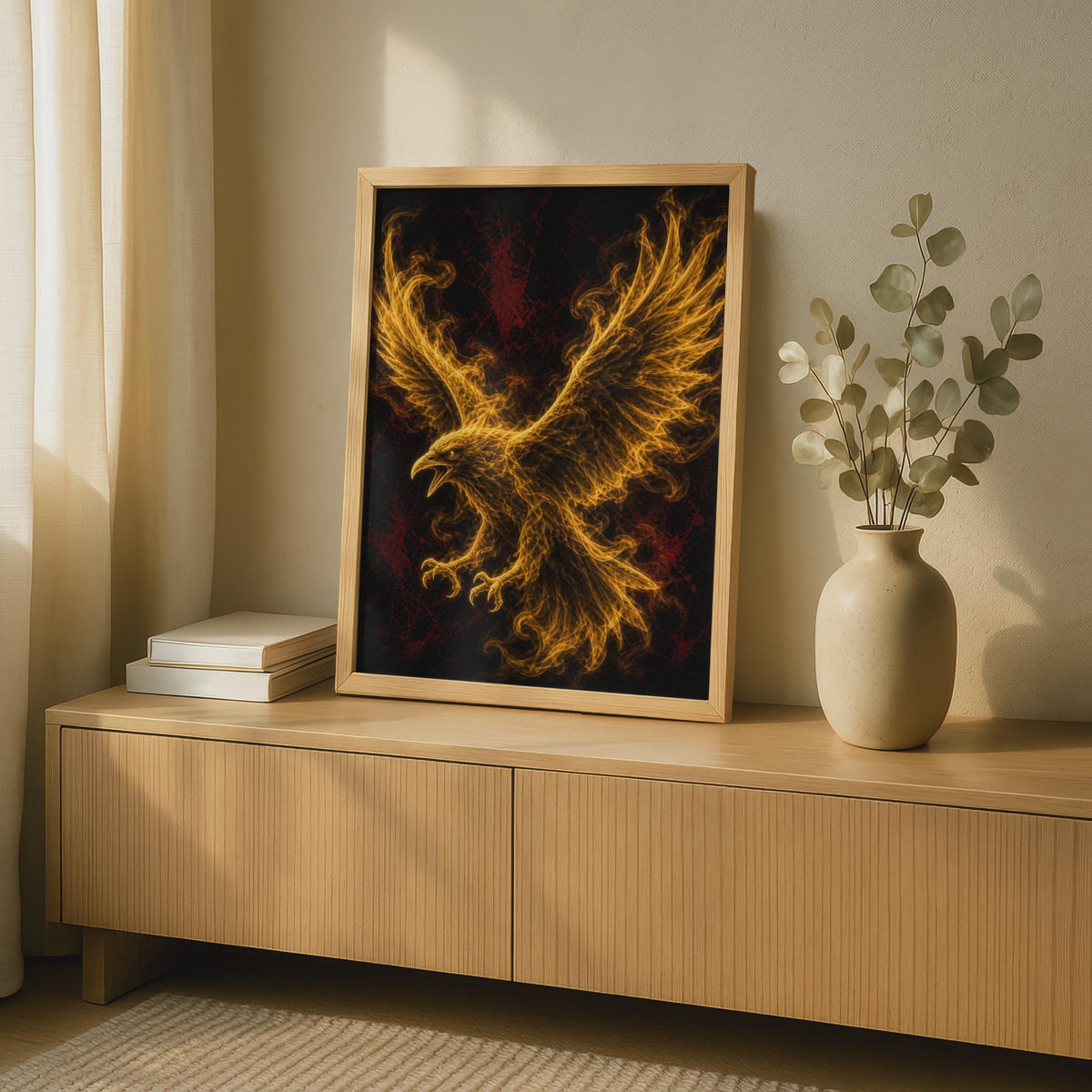 Fire Eagle Poster, Flaming Bird Wall Art, Gold Black Fantasy Mythical Creature Print