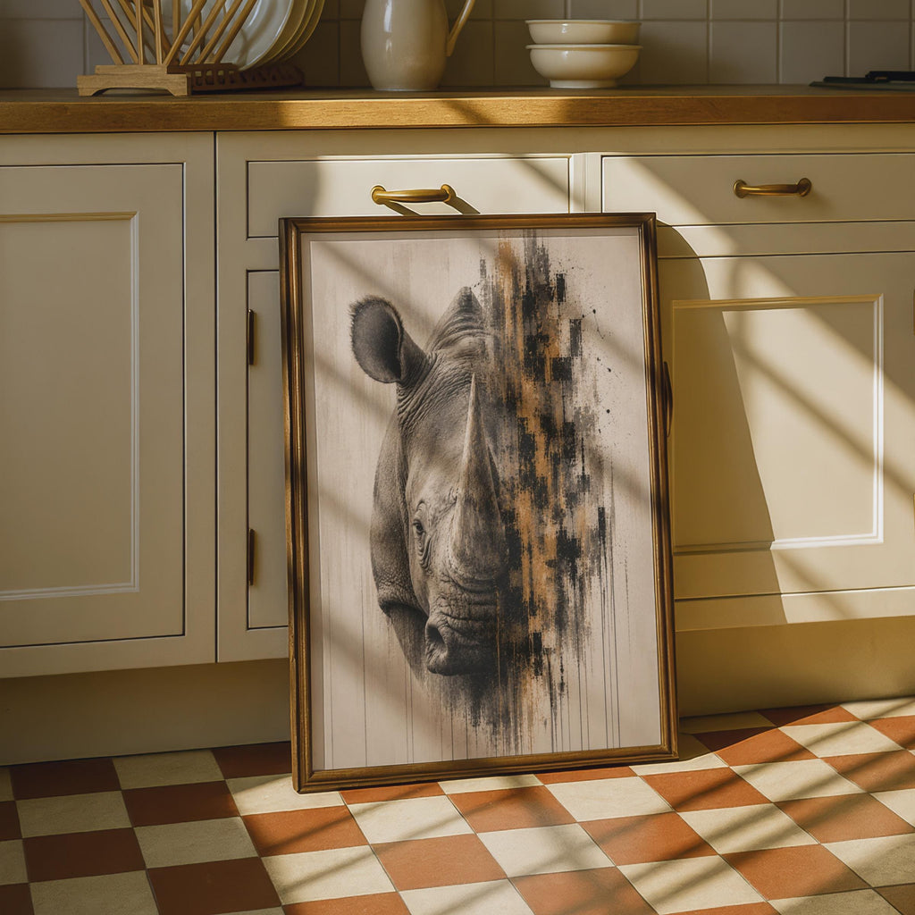 Rhino Portrait Poster, Abstract Wildlife Wall Art, Safari Animal Print, Beige Gold Black Decor
