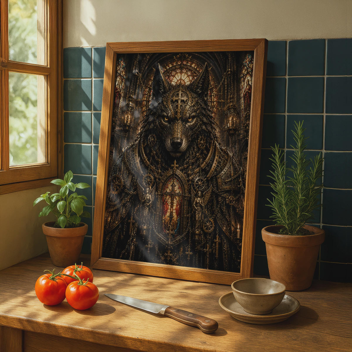 Dark Wolf Cathedral Poster, Gothic Fantasy Wall Art, Black Wolf with Gold Armour Print