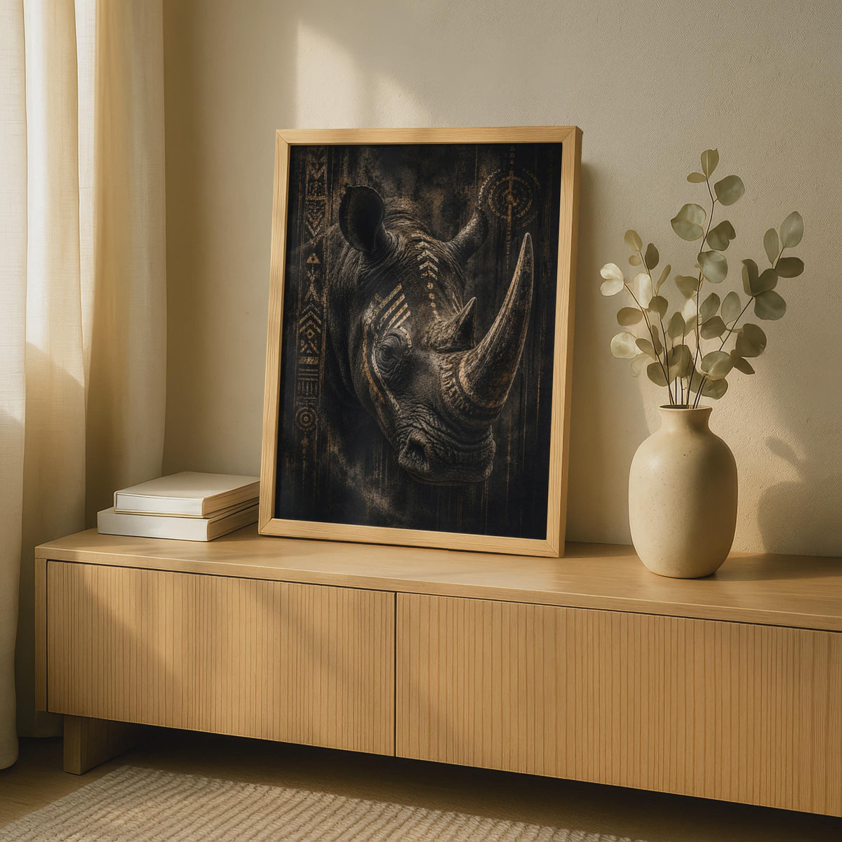 Rhino Poster Black Gold African Tribal Art, Dark Wildlife Wall Art, Bold Animal Print
