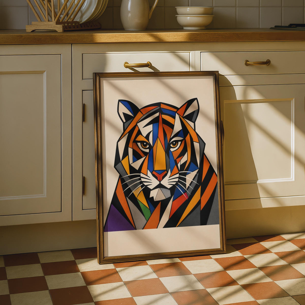 Geometric Tiger Poster, Cubist Abstract Big Cat Wall Art, Bold Orange Blue Animal Print