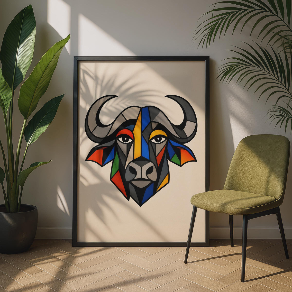 African Buffalo Geometric Art Poster, Colourful Cubist Wildlife Wall Art, Bold Animal Print