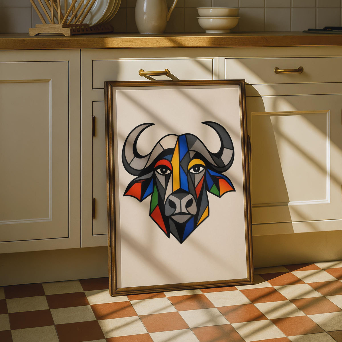 African Buffalo Geometric Art Poster, Colourful Cubist Wildlife Wall Art, Bold Animal Print