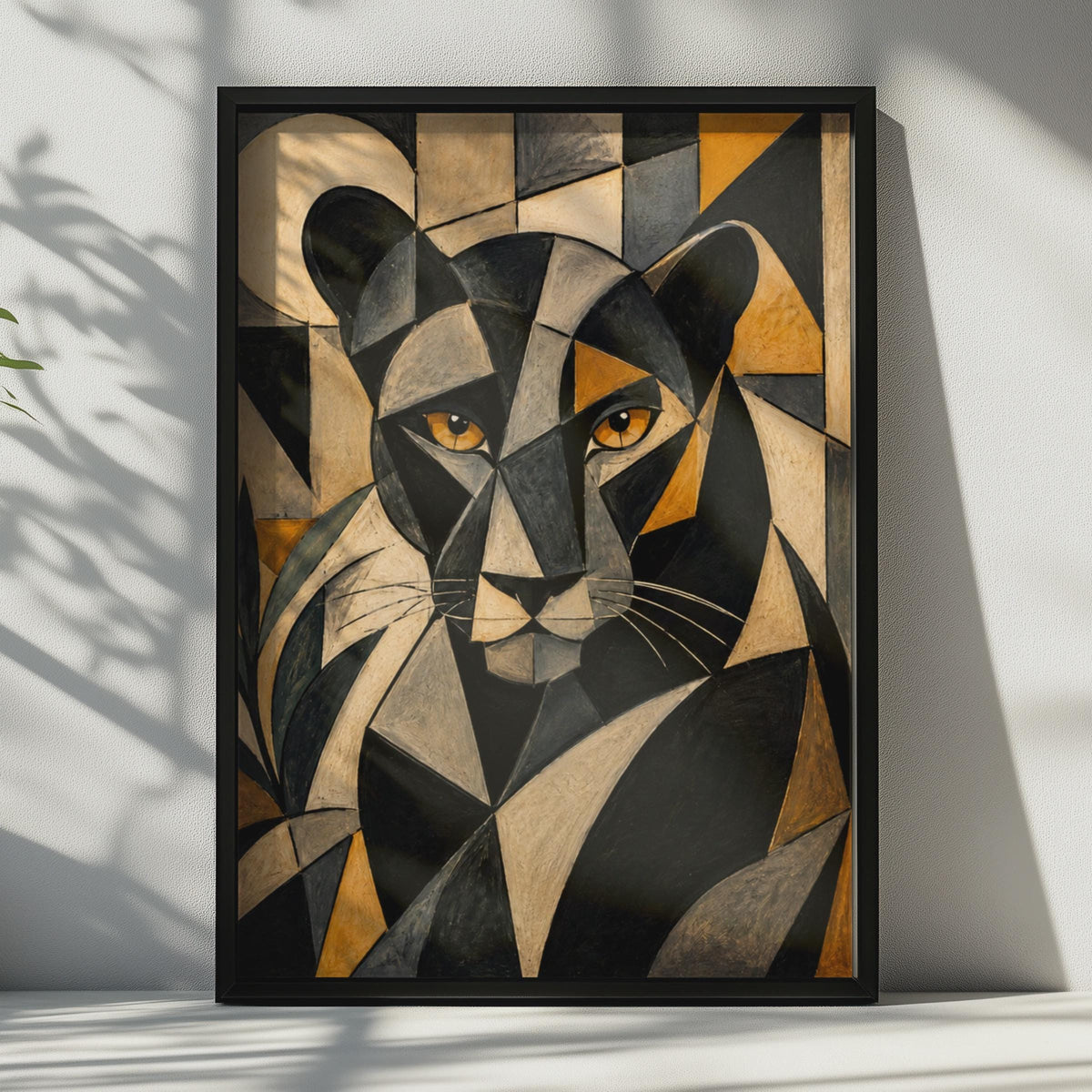 Black Panther Cubist Poster, Geometric Animal Wall Art, Gold Grey Bold Cat Print