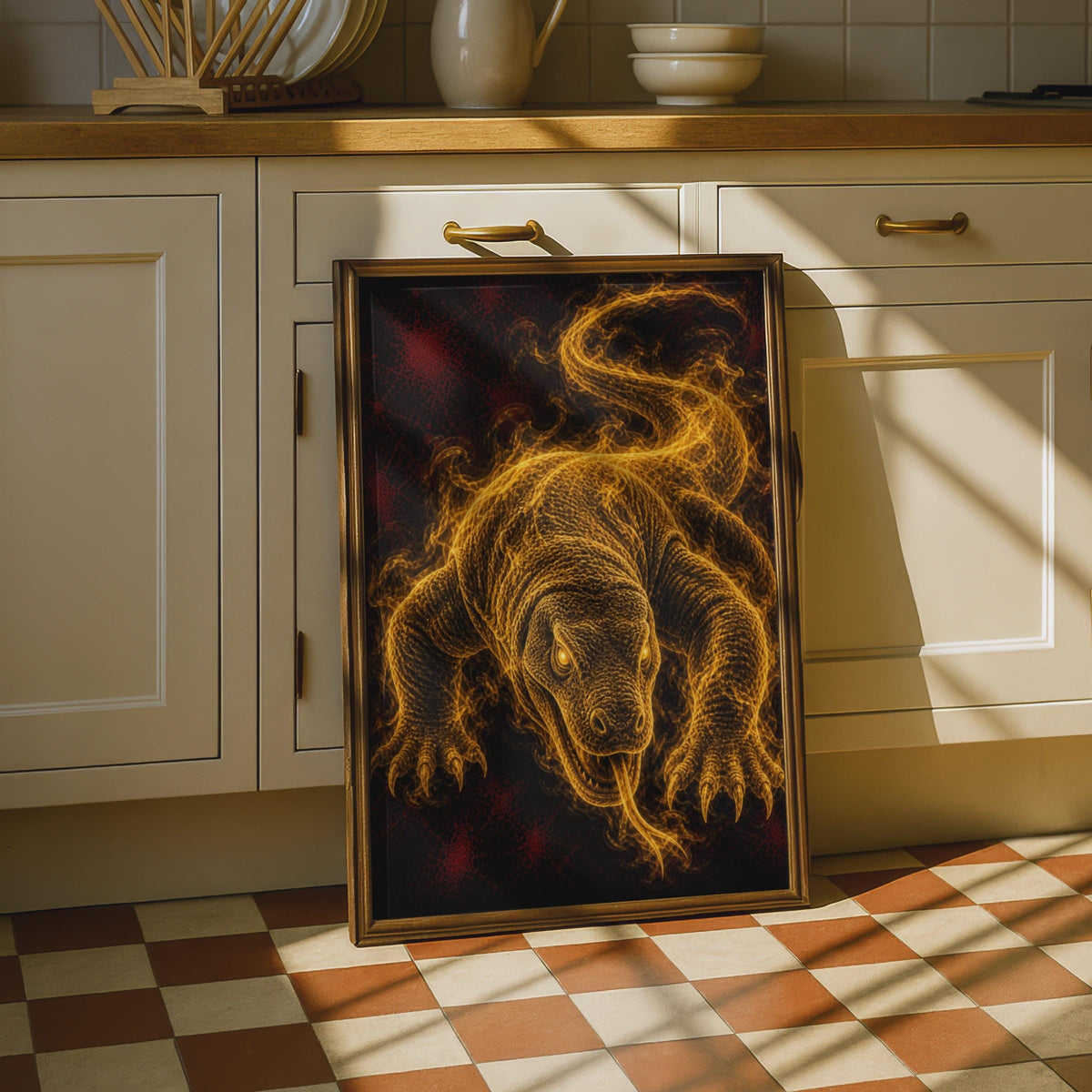 Komodo Dragon Fire Art Poster, Golden Glowing Reptile, Dark Fantasy Wall Art Print