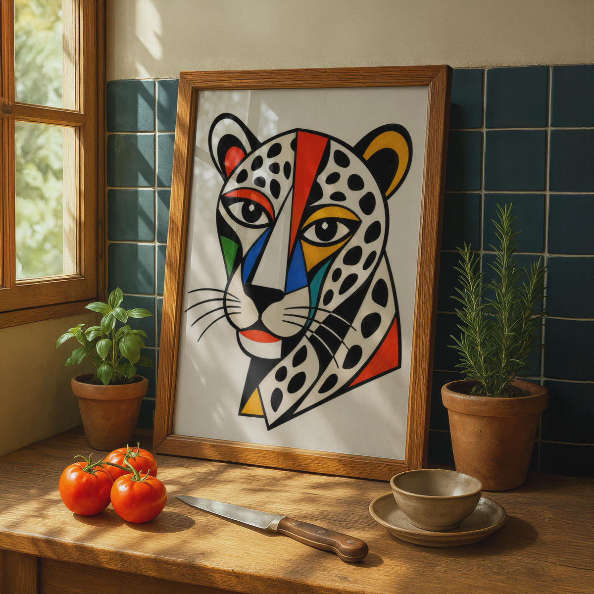 Cubist Leopard Poster, Bold Geometric Big Cat Wall Art, Colourful Abstract Animal Print
