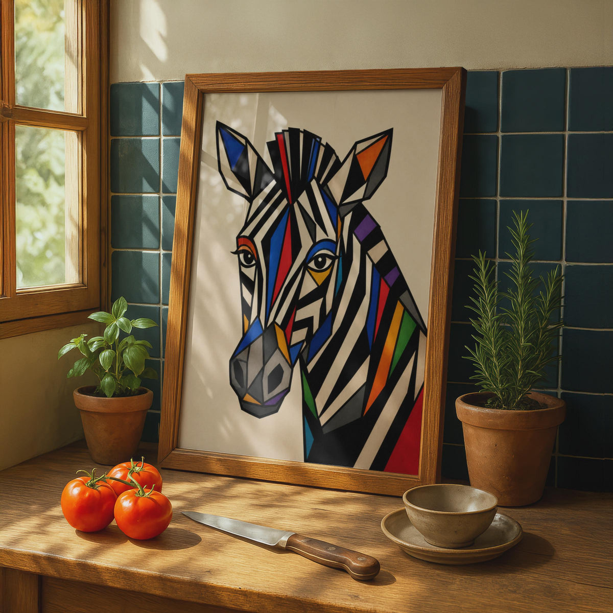 Geometric Zebra Poster, Colourful Abstract Animal Wall Art, Bold Cubist Wildlife Print