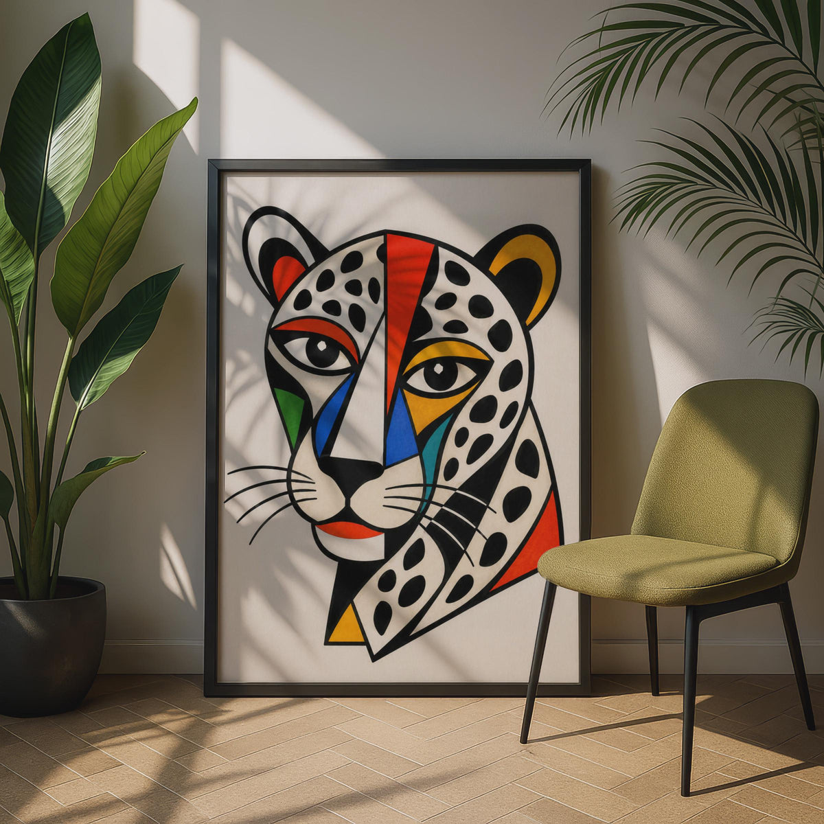 Cubist Leopard Poster, Bold Geometric Big Cat Wall Art, Colourful Abstract Animal Print