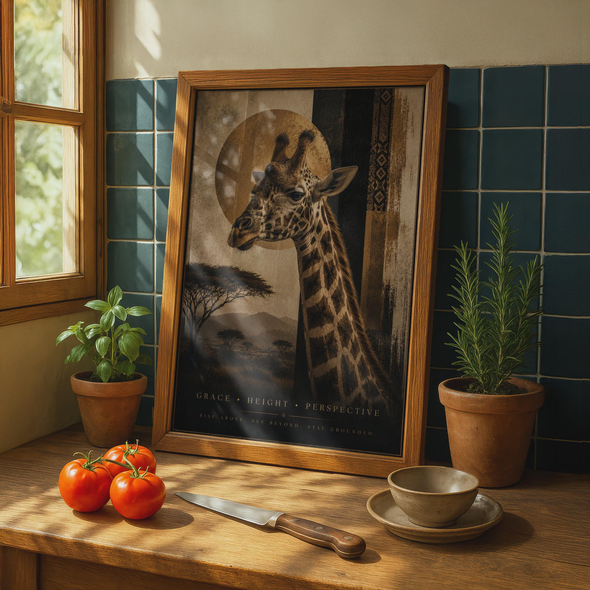 Giraffe Safari Poster, African Wildlife Wall Art, Gold Savanna, Motivational Animal Print