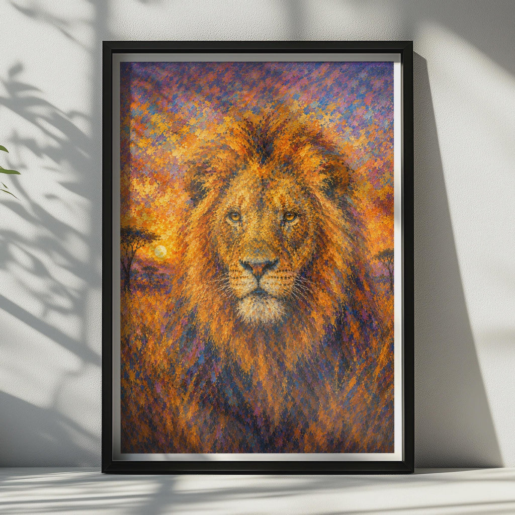 Lion Portrait Poster, Pointillist African Sunset Wildlife Wall Art, Orange Purple