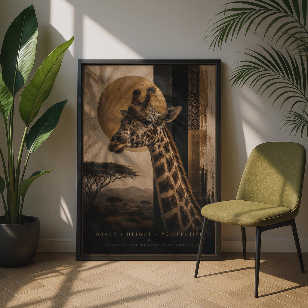 Giraffe Safari Poster, African Wildlife Wall Art, Gold Savanna, Motivational Animal Print