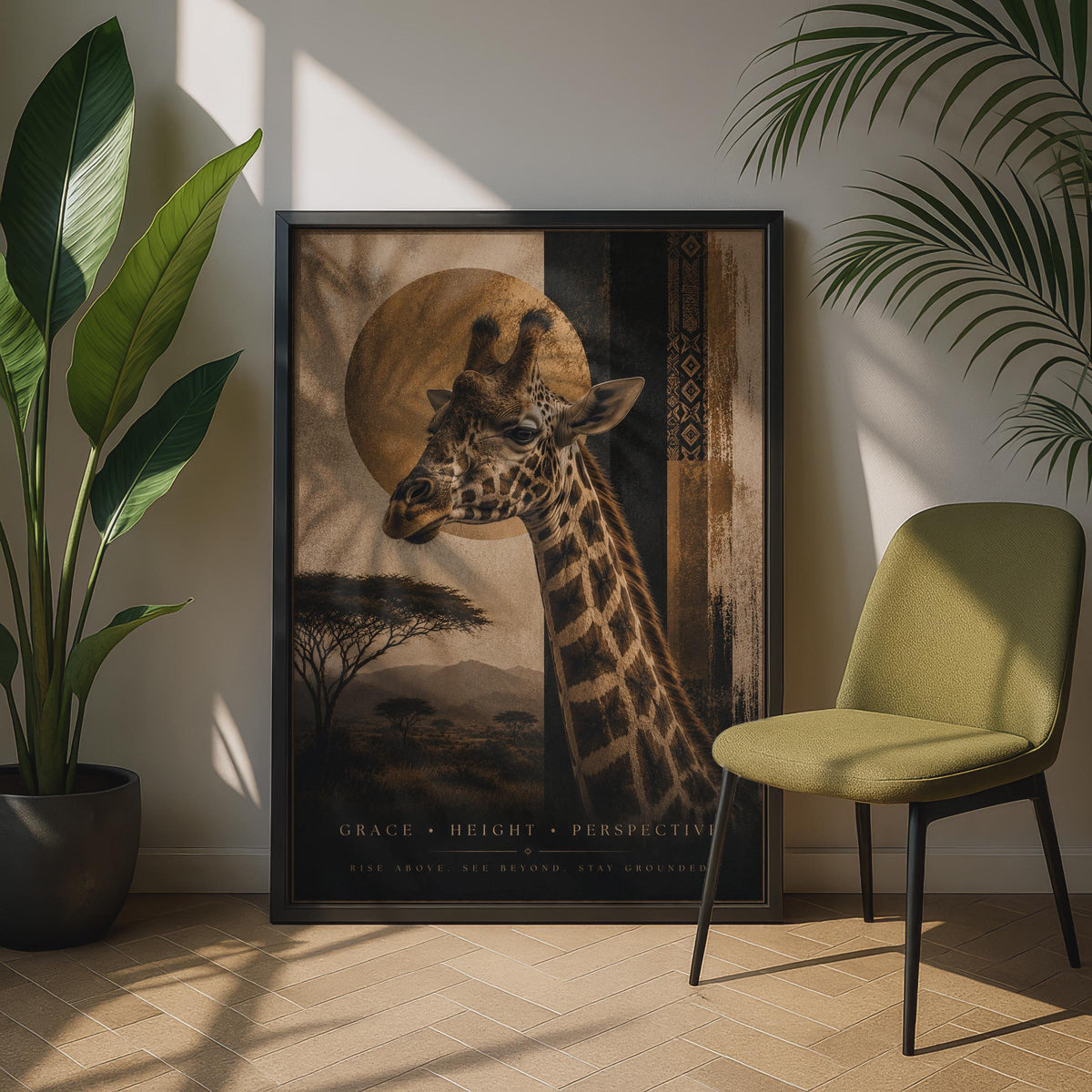Giraffe Safari Poster, African Wildlife Wall Art, Gold Savanna, Motivational Animal Print
