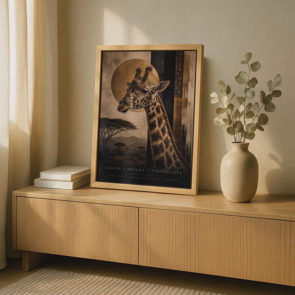 Giraffe Safari Poster, African Wildlife Wall Art, Gold Savanna, Motivational Animal Print