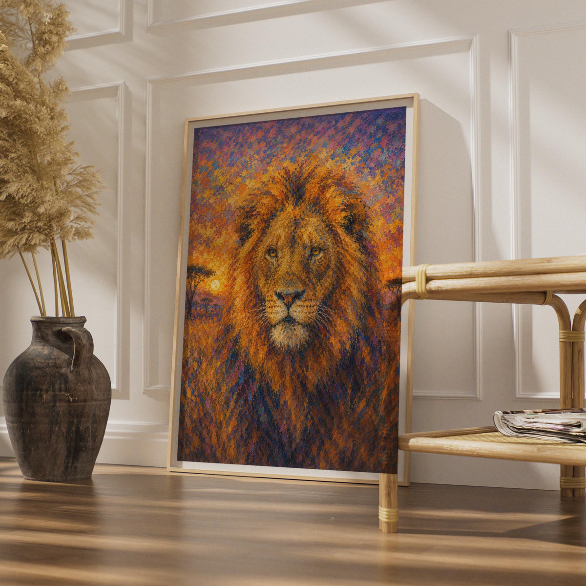 Lion Portrait Poster, Pointillist African Sunset Wildlife Wall Art, Orange Purple