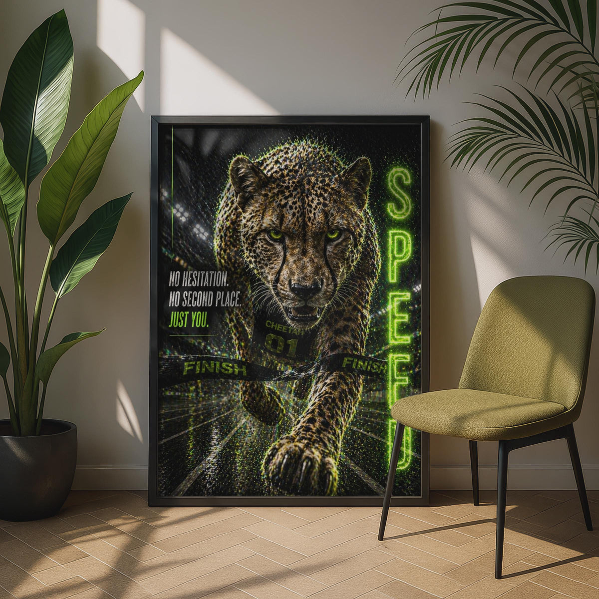 Cheetah Speed Motivational Poster, Neon Green Sports Wall Art, Athlete Gym Decor