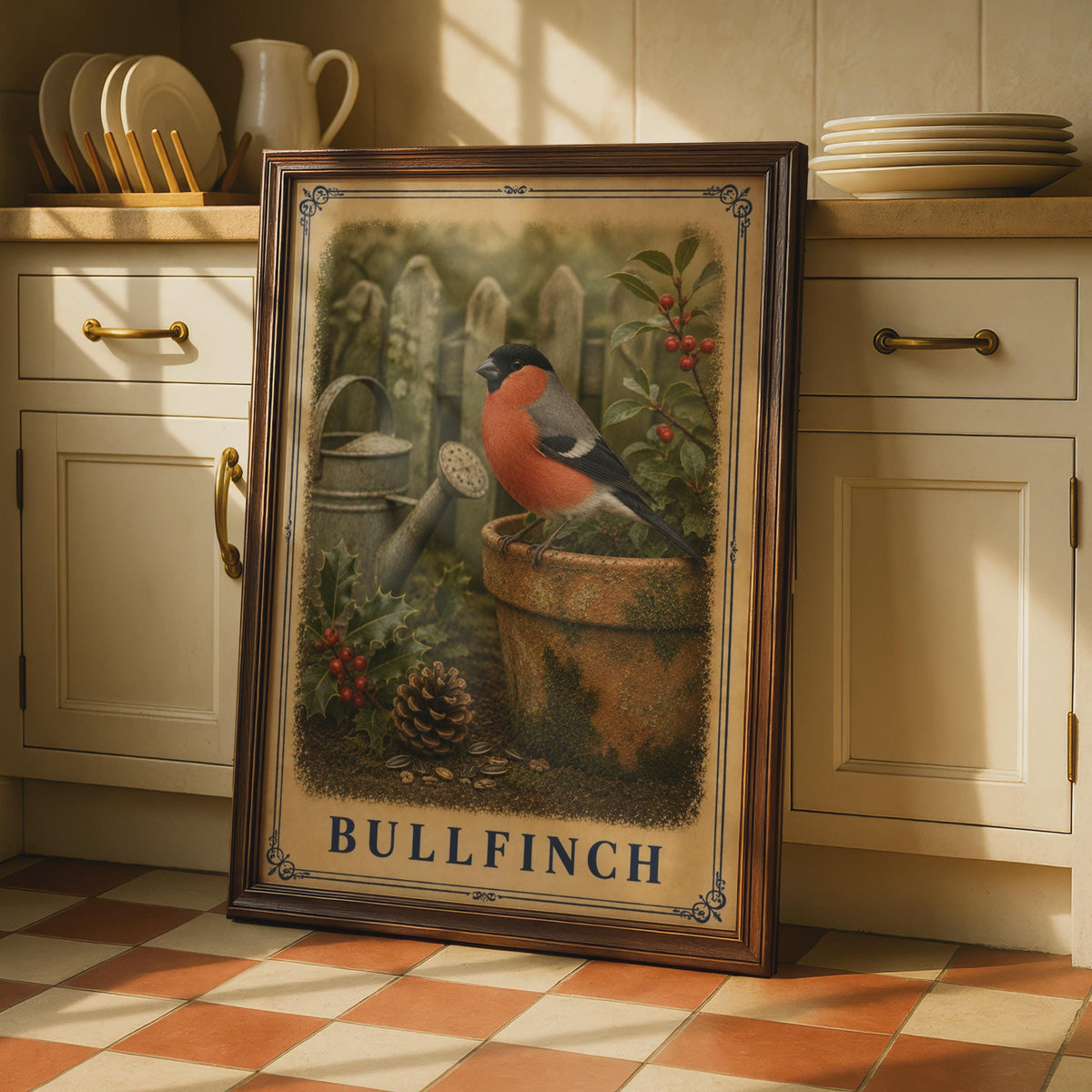 Vintage Bullfinch Garden Bird Poster, British Wildlife Art, Cottagecore Nature Decor
