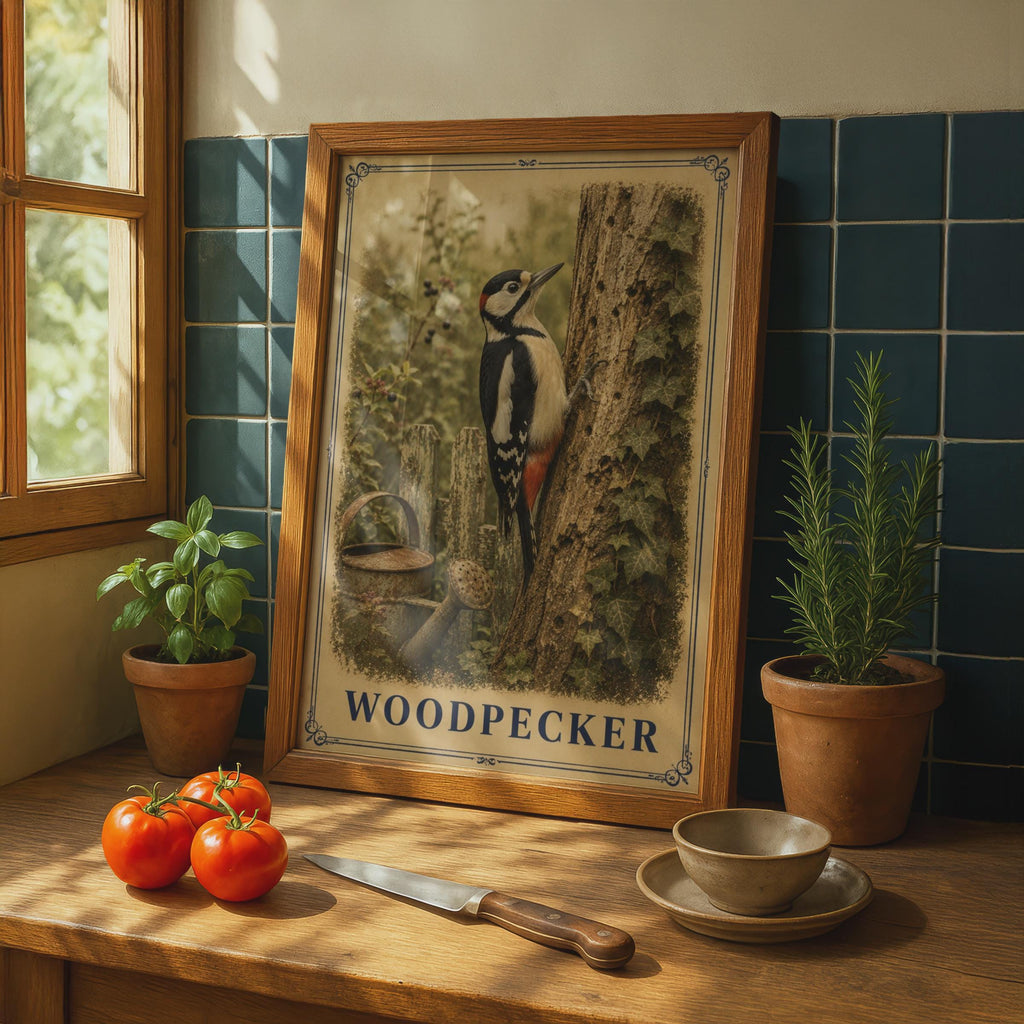 Woodpecker Poster, Great Spotted Woodpecker Bird Wall Art, Garden Wildlife Print, Nature Lover Gift, British Bird Artwork