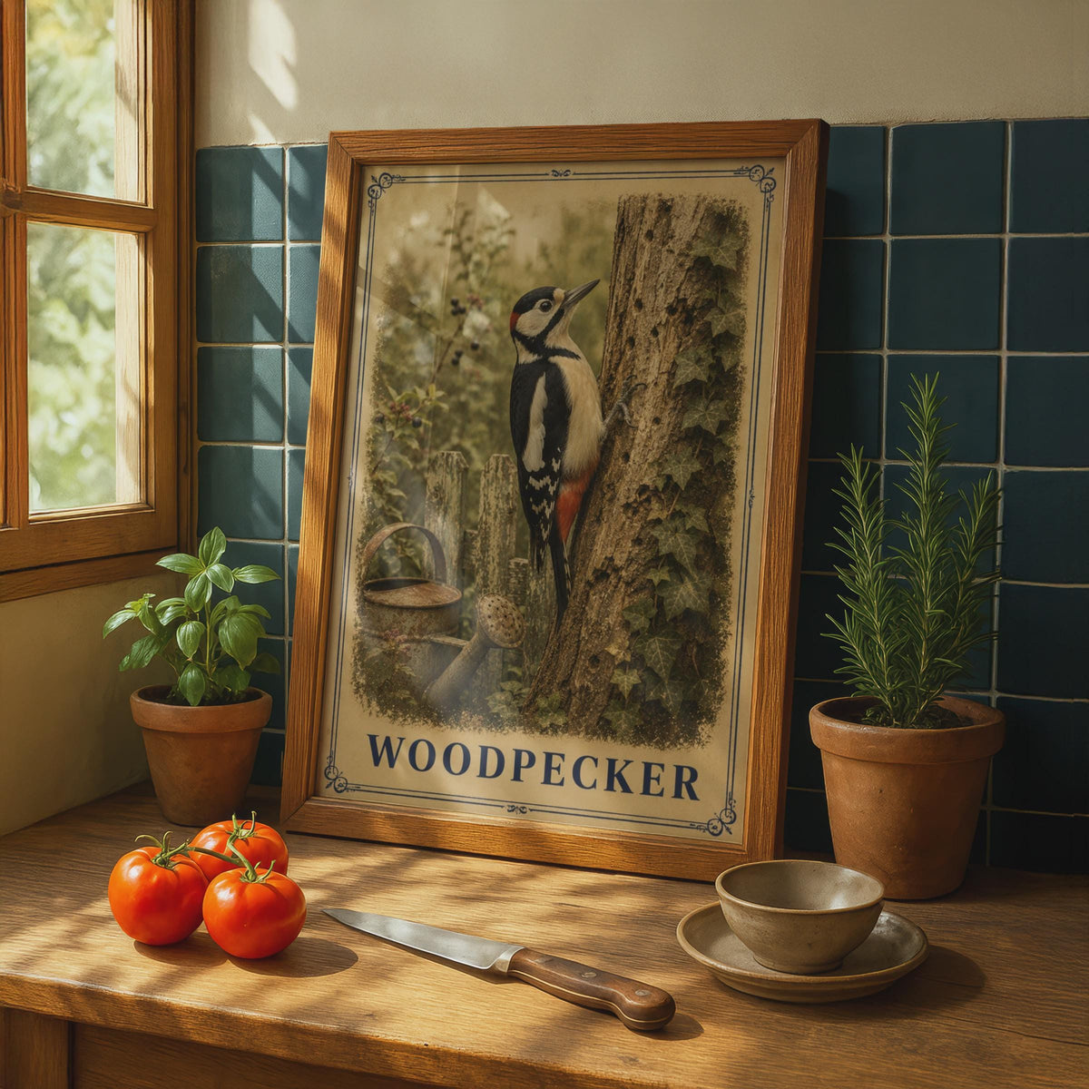 Woodpecker Poster, Great Spotted Woodpecker Bird Wall Art, Garden Wildlife Print, Nature Lover Gift, British Bird Artwork