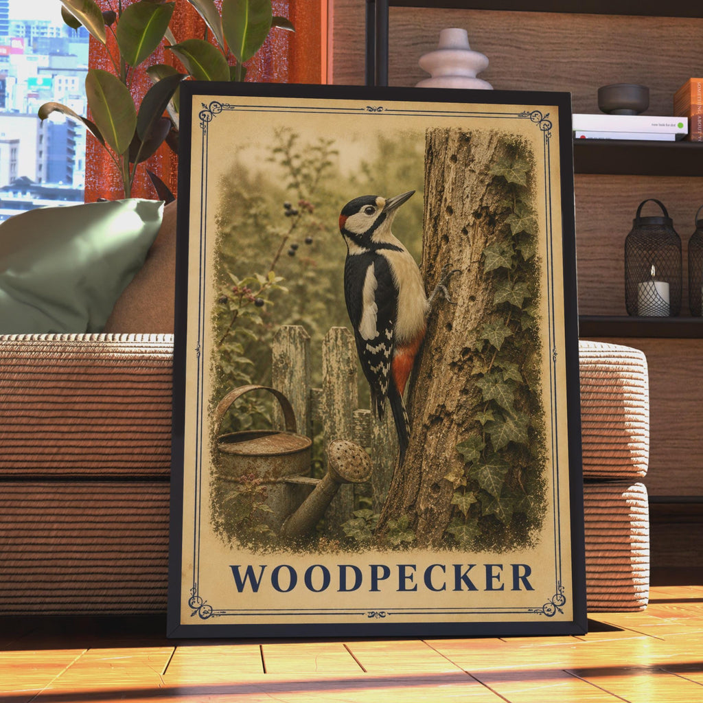 Woodpecker Poster, Great Spotted Woodpecker Bird Wall Art, Garden Wildlife Print, Nature Lover Gift, British Bird Artwork