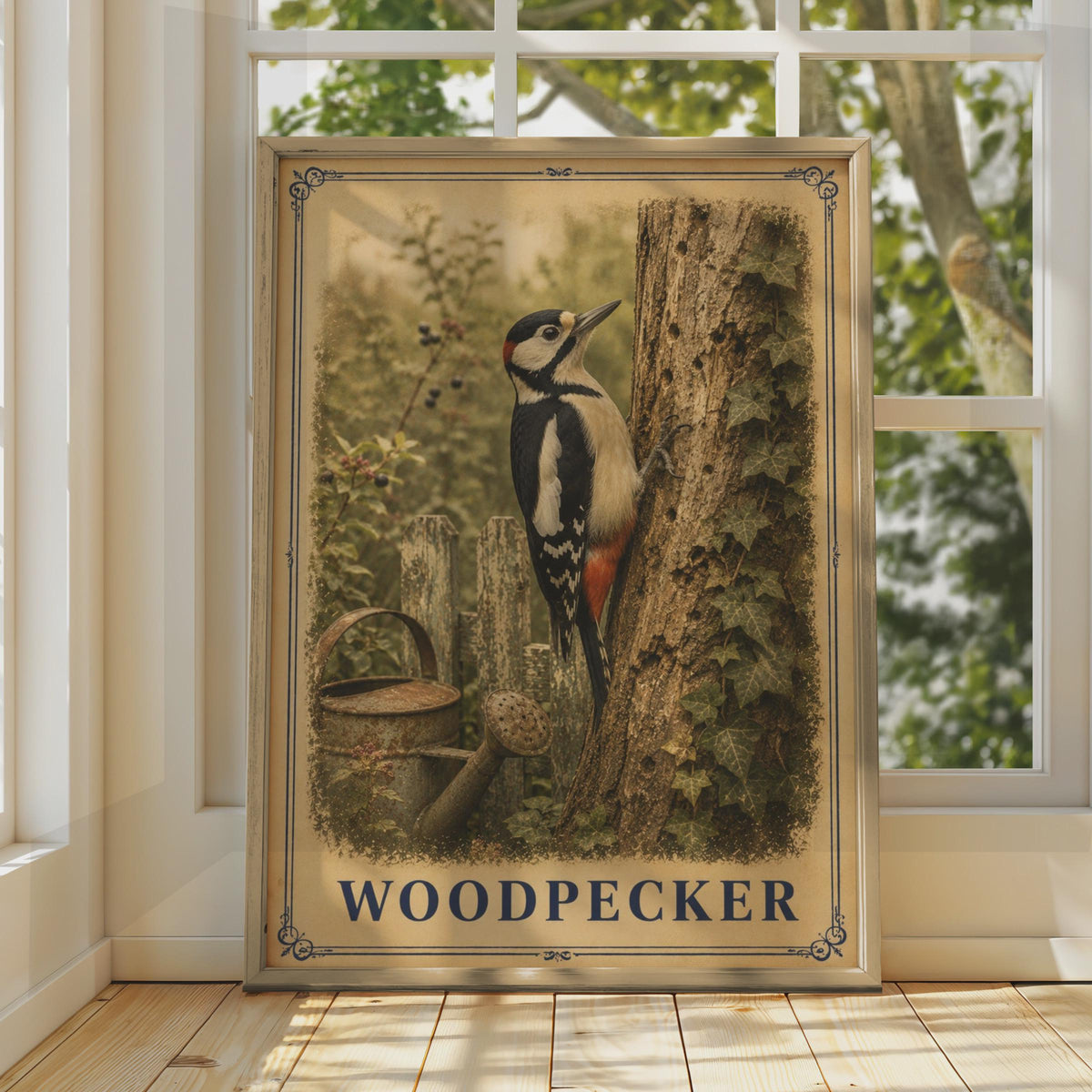 Woodpecker Poster, Great Spotted Woodpecker Bird Wall Art, Garden Wildlife Print, Nature Lover Gift, British Bird Artwork