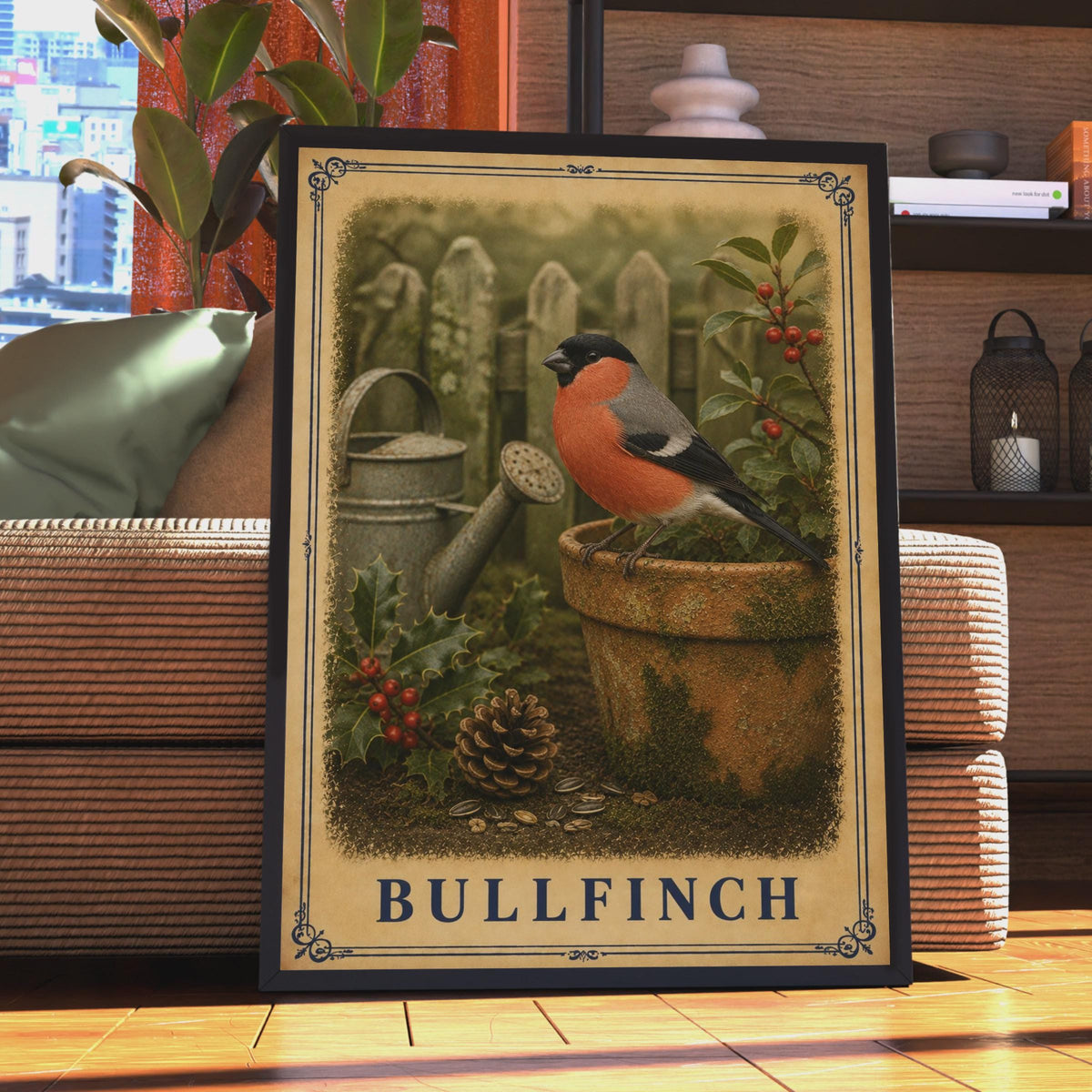Vintage Bullfinch Garden Bird Poster, British Wildlife Art, Cottagecore Nature Decor
