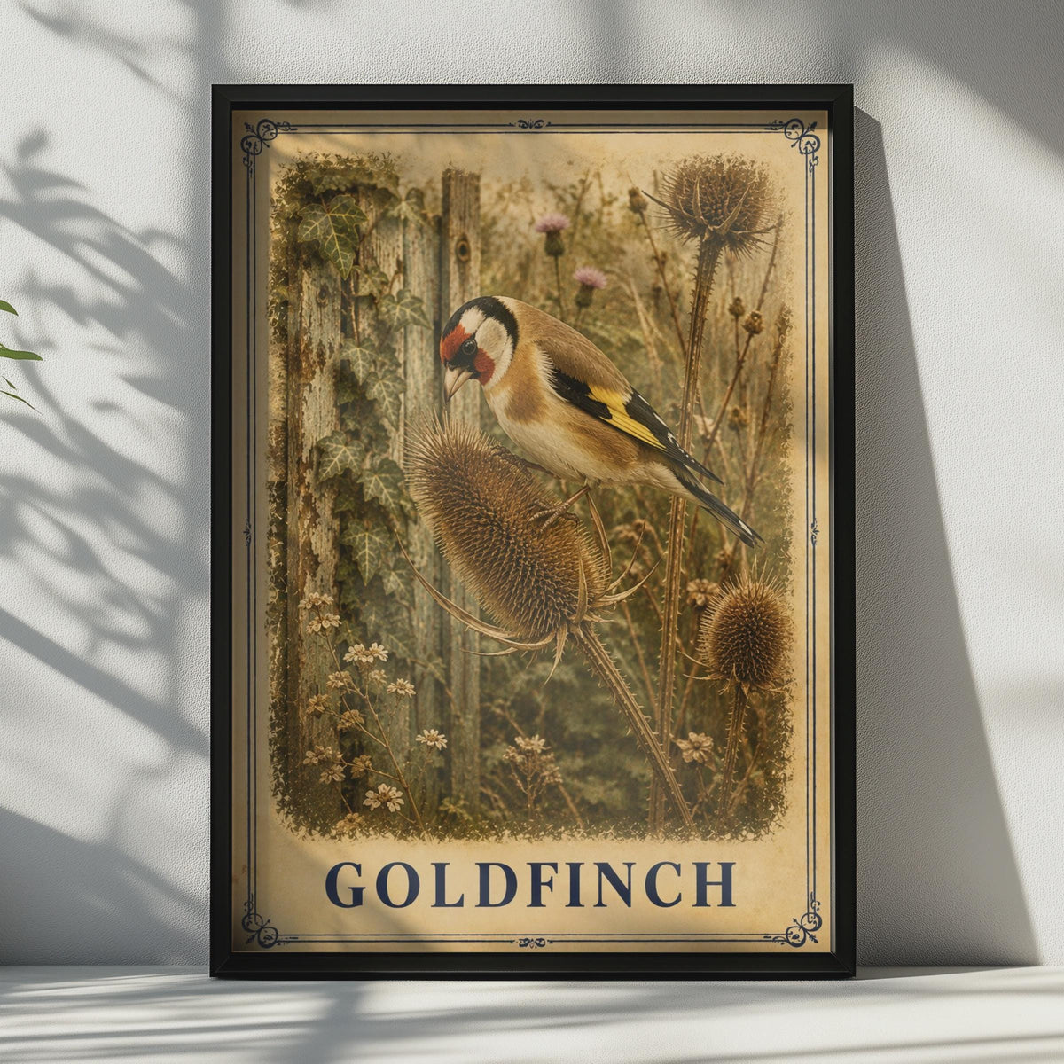 Vintage Goldfinch Poster, Victorian Garden Bird Art, Teasel Botanical Print (Wall Decor)