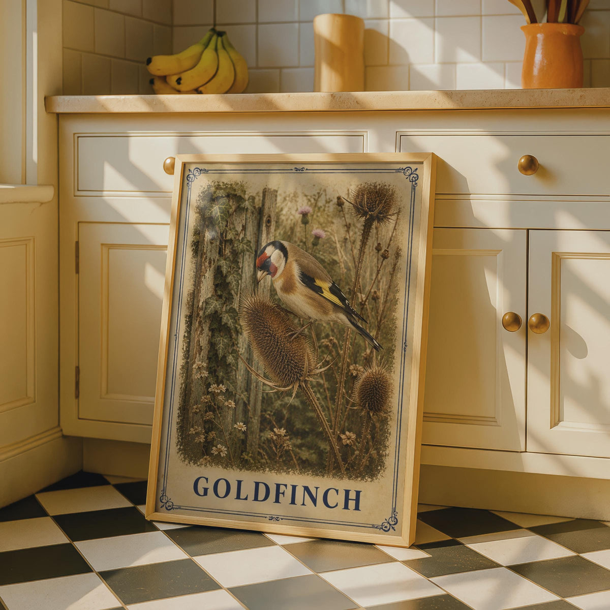 Vintage Goldfinch Poster, Victorian Garden Bird Art, Teasel Botanical Print (Wall Decor)