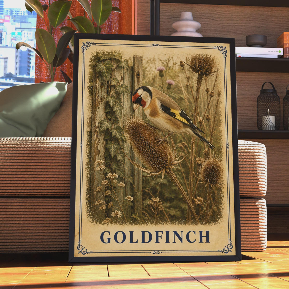 Vintage Goldfinch Poster, Victorian Garden Bird Art, Teasel Botanical Print (Wall Decor)
