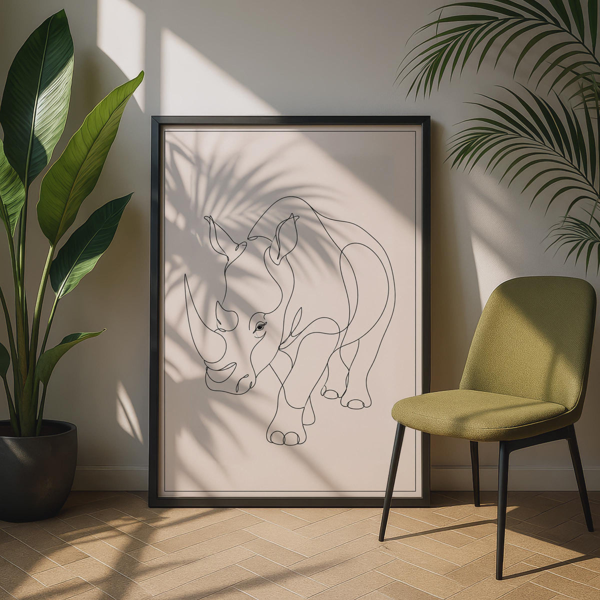 Rhino Line Art Poster, Minimalist Rhinoceros Wall Art, Neutral Beige Animal Print, Modern Safari