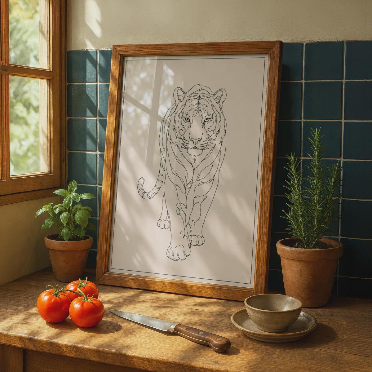 Tiger Line Art Poster, Minimalist Wild Cat Wall Art, Blush Pink Animal Print