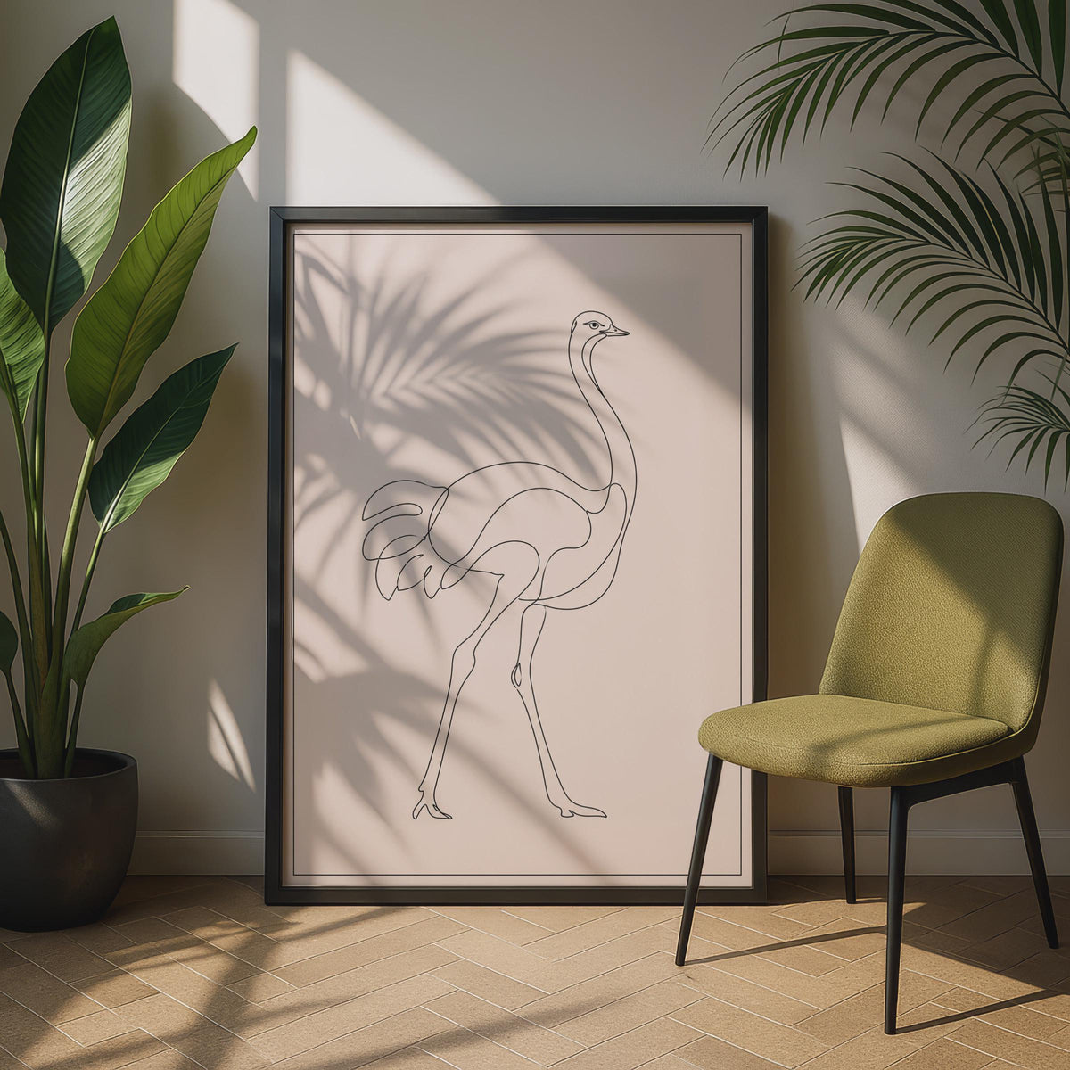 Ostrich Line Art Poster, Minimalist Bird Wall Art, Boho Animal Print, Blush Pink Decor