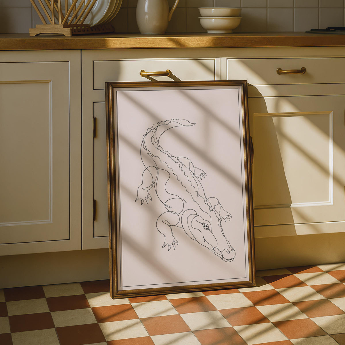 Crocodile Line Art Poster, Minimalist Animal Wall Art, Neutral Beige Reptile Print
