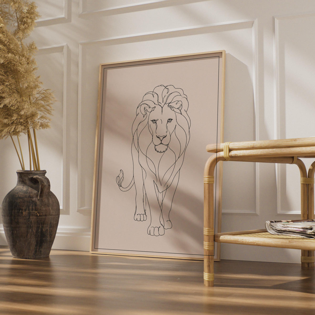 Lion Continuous Line Art Poster, Minimalist Wildlife Wall Art, Beige Print
