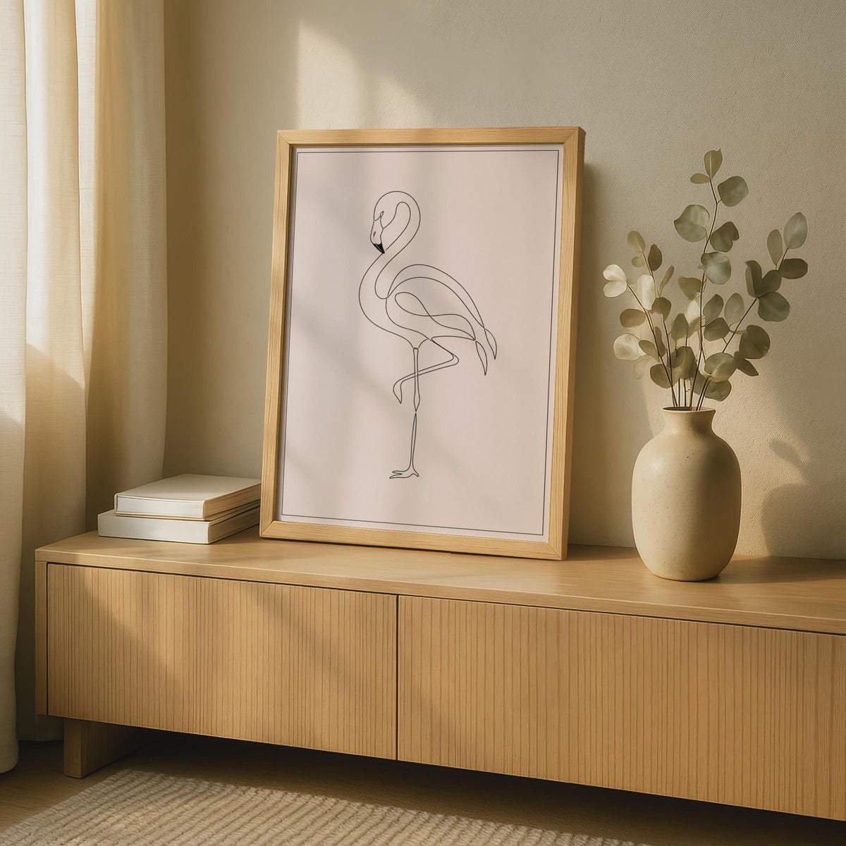 Minimalist Flamingo Line Art Poster, Blush Pink Wall Decor (Print)