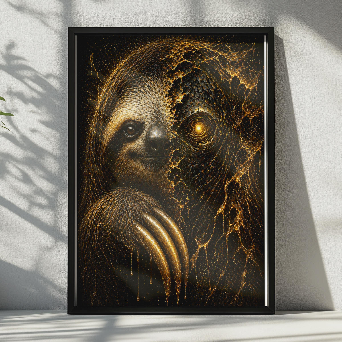 Sloth Cosmic Wildlife Print, Dark Gold Geometric Animal Wall Art