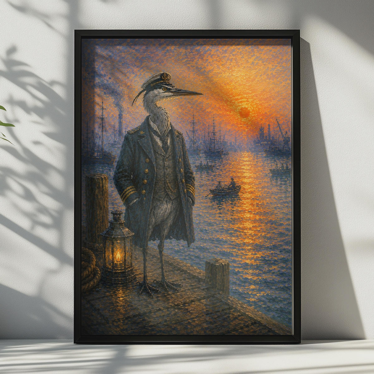 Heron Captain Nautical Poster, Pointillist Harbour Sunset Wall Art, Quirky Bird Print