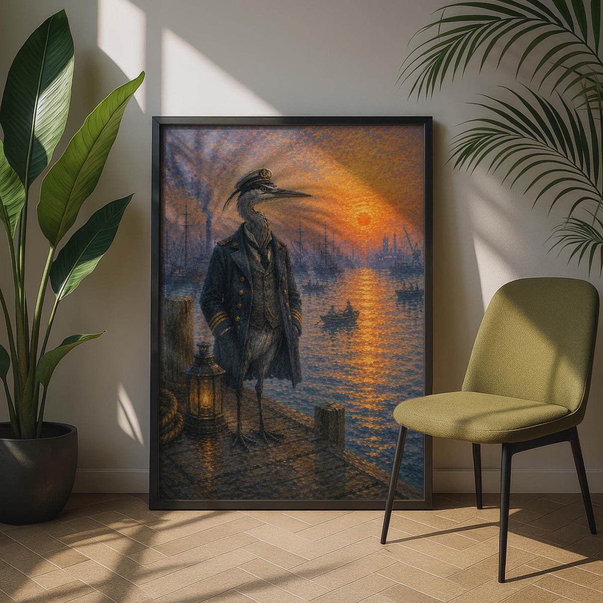 Heron Captain Nautical Poster, Pointillist Harbour Sunset Wall Art, Quirky Bird Print