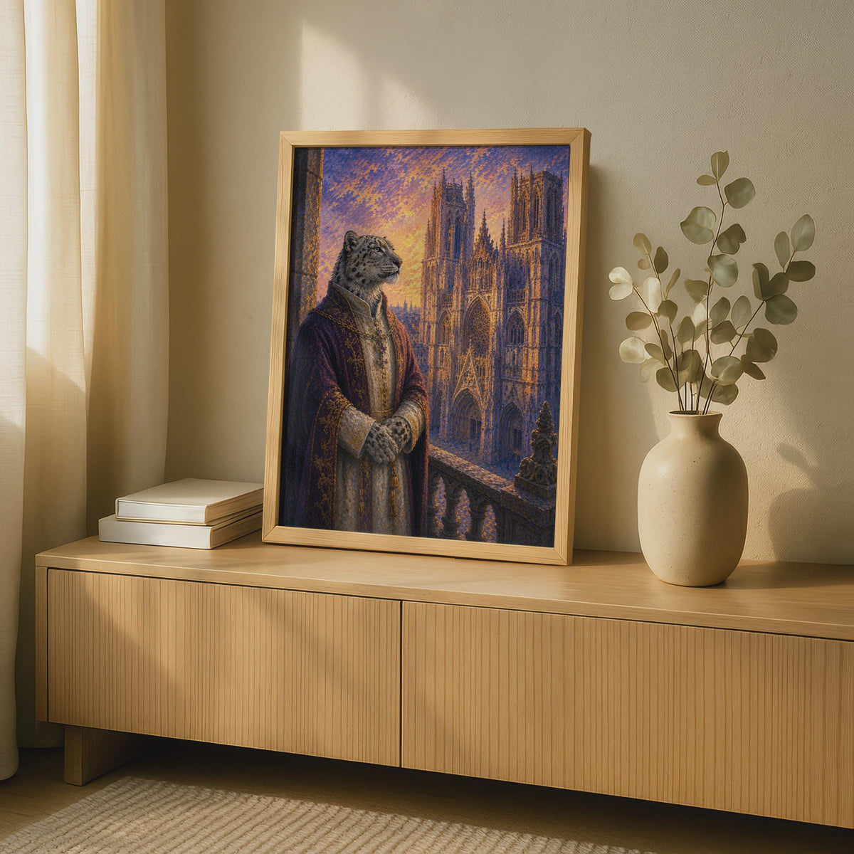 Snow Leopard Bishop Poster, Gothic Cathedral Fantasy Animal Art, Purple Gold Wall Decor